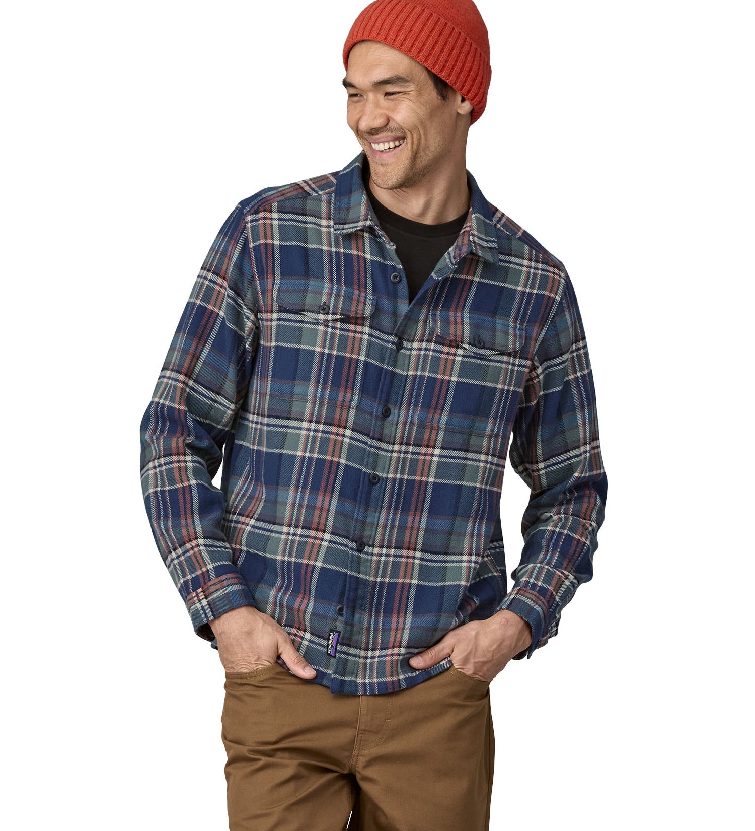 Patagonia mens flannel shirt in  new navy colour way front detail