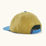 Back of Patagonia kid's funhoggers hat in mustard yellow showing blue size adjustment strap