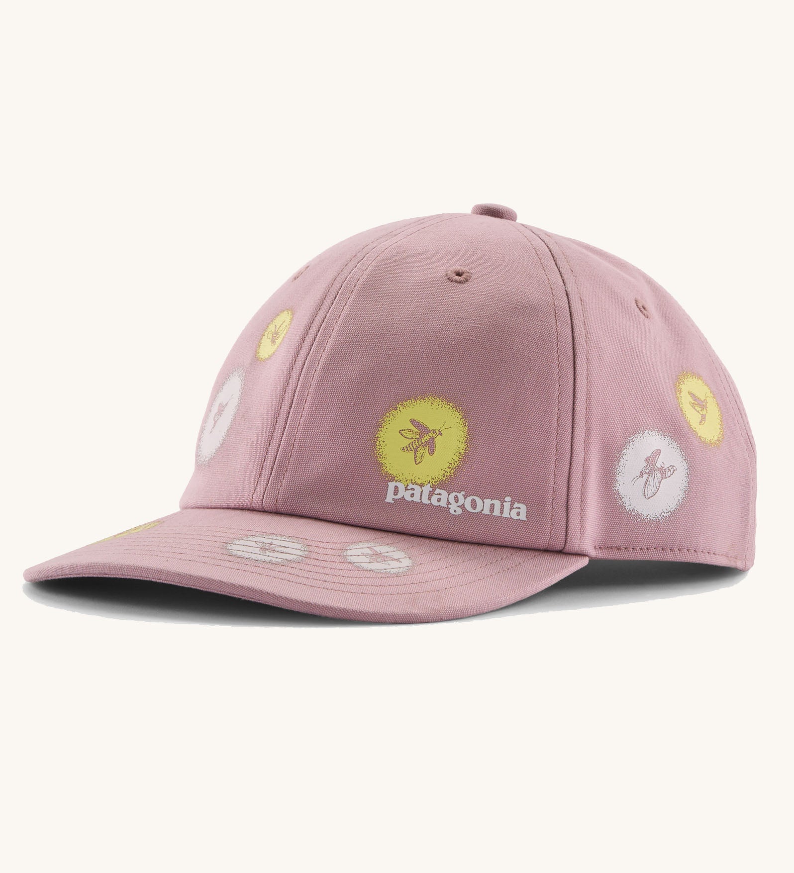 Patagonia kid's funhoggers hat in quiet violet with fireflies details printed on the hat and visor.