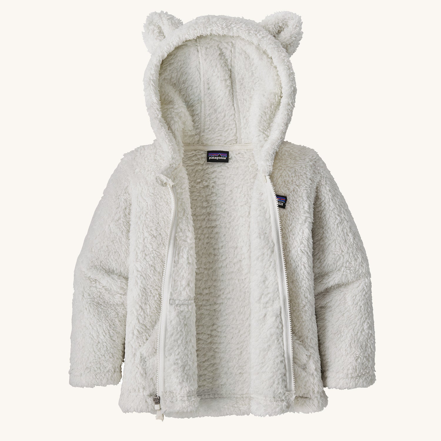 Patagonia Little Kids Furry Friends Hoody - Birch White on a plain background. The hoody is unzipped.