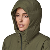 Patagonia women's glacier parka coat in basin green colour hood detail