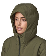 Patagonia women's glacier parka coat in basin green colour hood detail