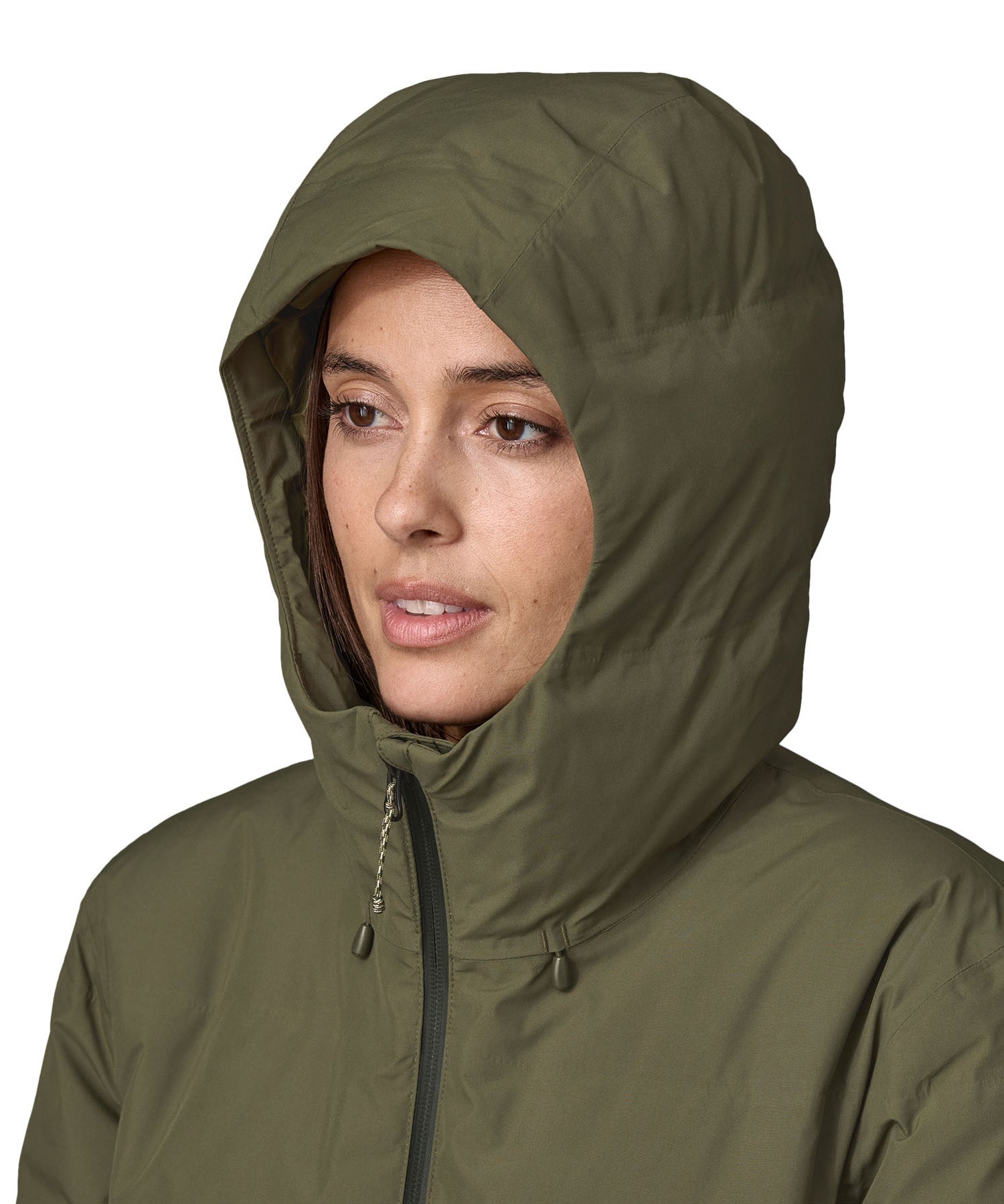 Patagonia women's glacier parka coat in basin green colour hood detail