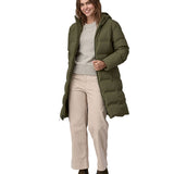Patagonia women's glacier parka coat in basin green colour opened front detail