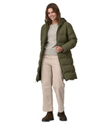 Patagonia women's glacier parka coat in basin green colour opened front detail