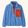 Patagonia kids half zip fleece in light blue colour on a cream background.