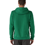 Patagonia adult hoodie in a green colour with the logo on the front worn by a man back detail