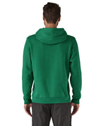 Patagonia adult hoodie in a green colour with the logo on the front worn by a man back detail