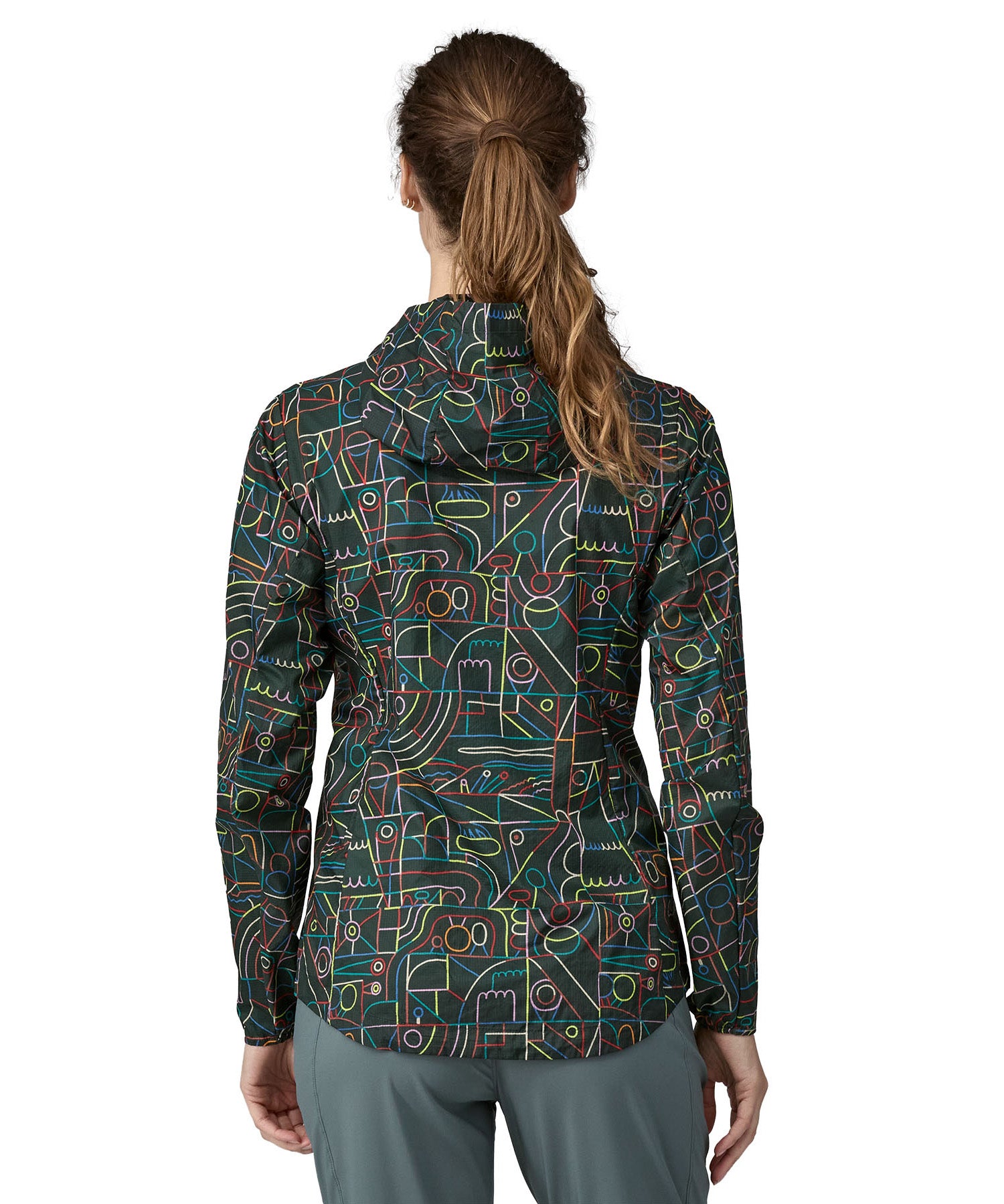 Patagonia Houdini jacket multicoloured lines and nouveau green colour back detail