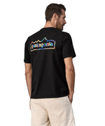 Rear view of the Patagonia Fitz roy unity responsibili top. Showing the large brand print on the top coloured in with block colours
