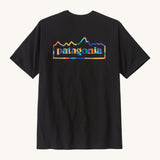 Rear view of the Patagonia Fitz roy ink black unity responsibili top. Showing the large brand logo coloured in with block colours.