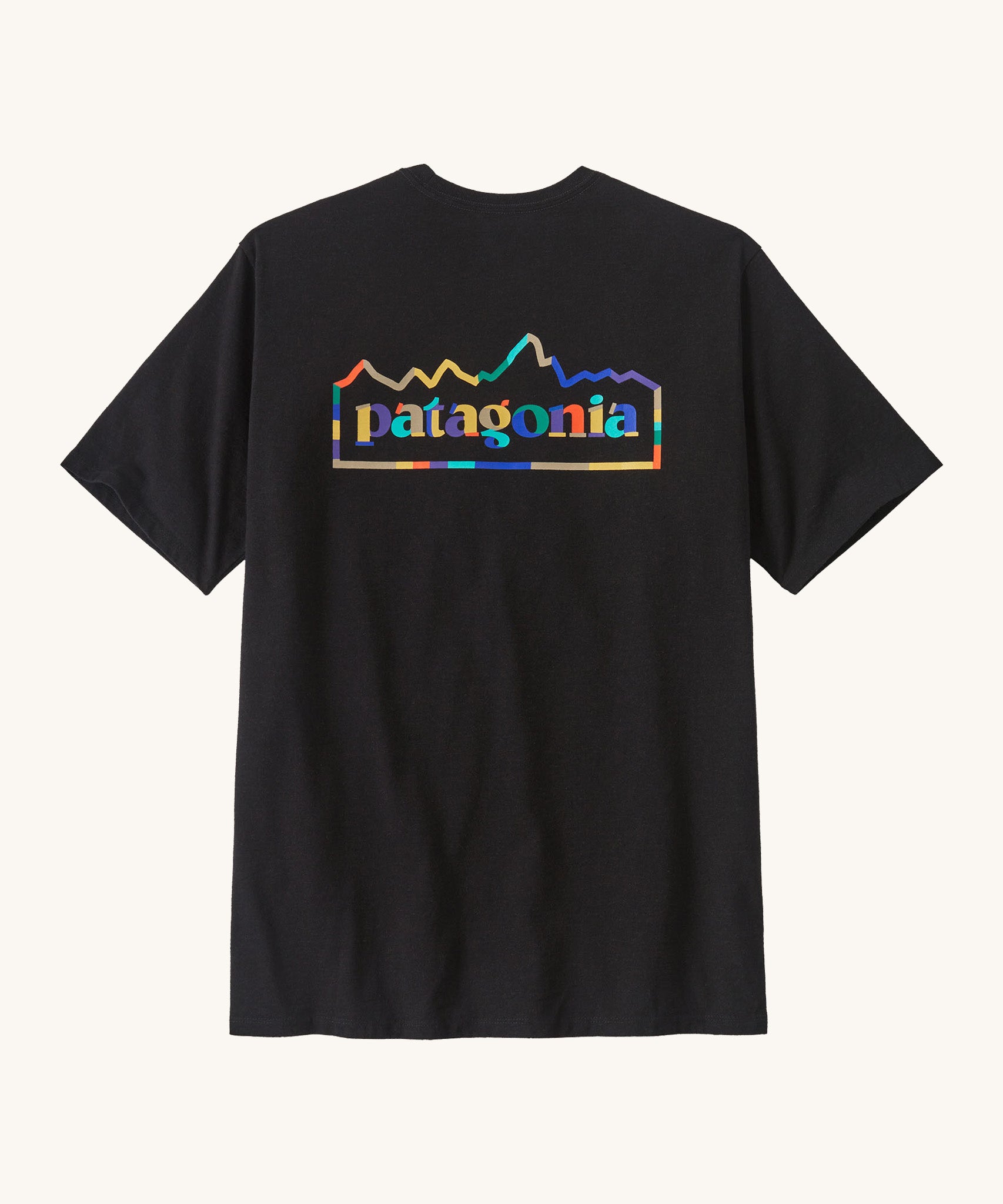 Rear view of the Patagonia Fitz roy ink black unity responsibili top. Showing the large brand logo coloured in with block colours.