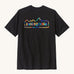 Rear view of the Patagonia Fitz roy ink black unity responsibili top. Showing the large brand logo coloured in with block colours.