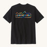 Rear view of the Patagonia Fitz roy ink black unity responsibili top. Showing the large brand logo coloured in with block colours.