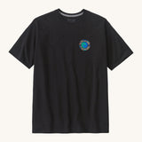 Patagonia Fitz roy unity responsibili top. A mens cotton short sleeve top in black with a cartoon earth icon on the left chest. 