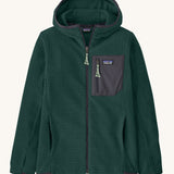 A Patagonia Kids R1 Air Full-Zip Hoody in a Cascade Green colour. We are proud stockists of Patagonia kids and adults clothing here at Babipur.