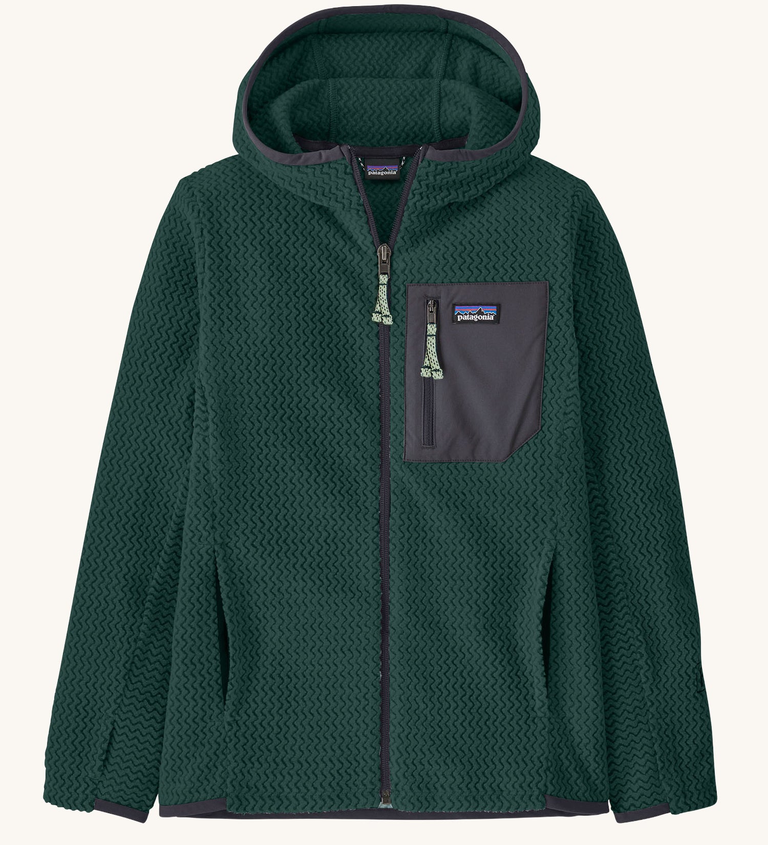 A Patagonia Kids R1 Air Full-Zip Hoody in a Cascade Green colour. We are proud stockists of Patagonia kids and adults clothing here at Babipur.