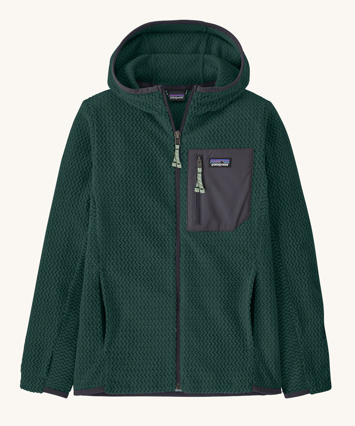 A Patagonia Kids R1 Air Full-Zip Hoody in a Cascade Green colour. We are proud stockists of Patagonia kids and adults clothing here at Babipur.