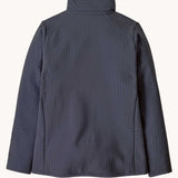 The back of a Patagonia kids techface jacket in smolder blue. This jacket is part of a wide range of clothing for kids available at Babipur. 