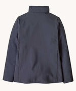 The back of a Patagonia kids techface jacket in smolder blue. This jacket is part of a wide range of clothing for kids available at Babipur. 