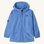 Patagonia kids outdoor everyday jacket in a light blue colour on a cream background.