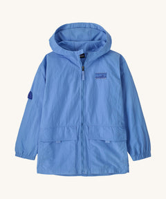 Patagonia kids outdoor everyday jacket in a light blue colour on a cream background.