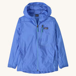 Patagonia light blue houdini zip up hooded jacket on a cream background
