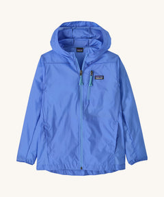 Patagonia light blue houdini zip up hooded jacket on a cream background