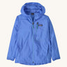 Patagonia light blue houdini zip up hooded jacket on a cream background