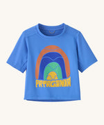 Patagonia kids blue short sleeve t-short rainbow design on a cream background.