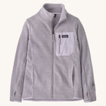 Patagonia air full zip jacket in a light purple colour on a cream background.