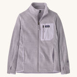 Patagonia air full zip jacket in a light purple colour on a cream background.