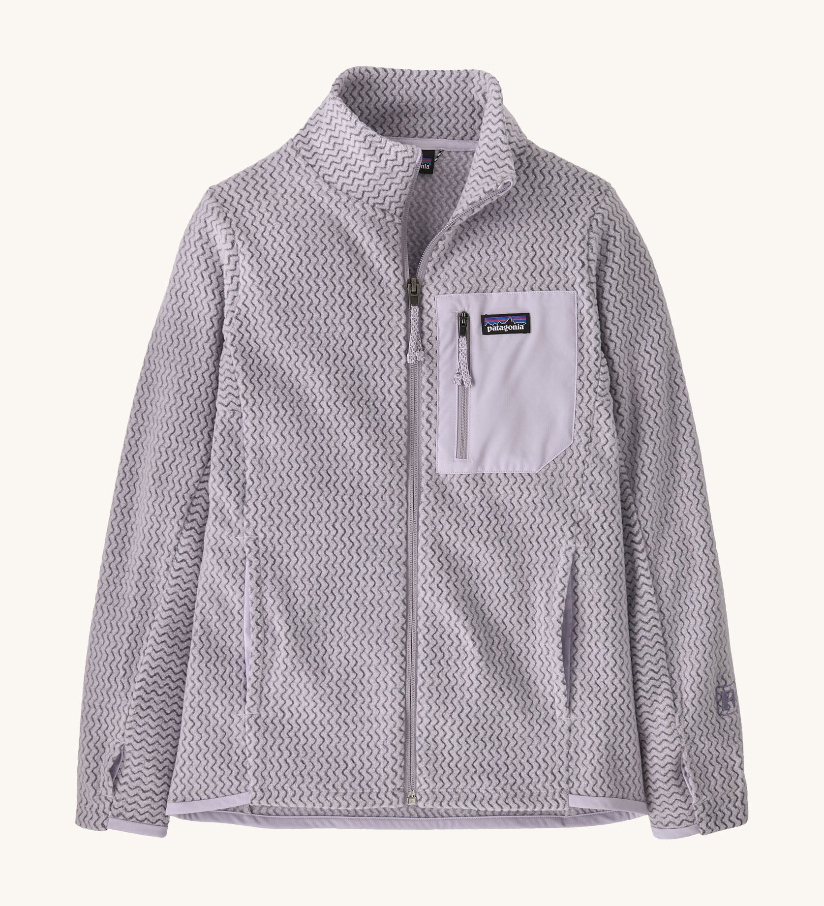 Patagonia air full zip jacket in a light purple colour on a cream background.