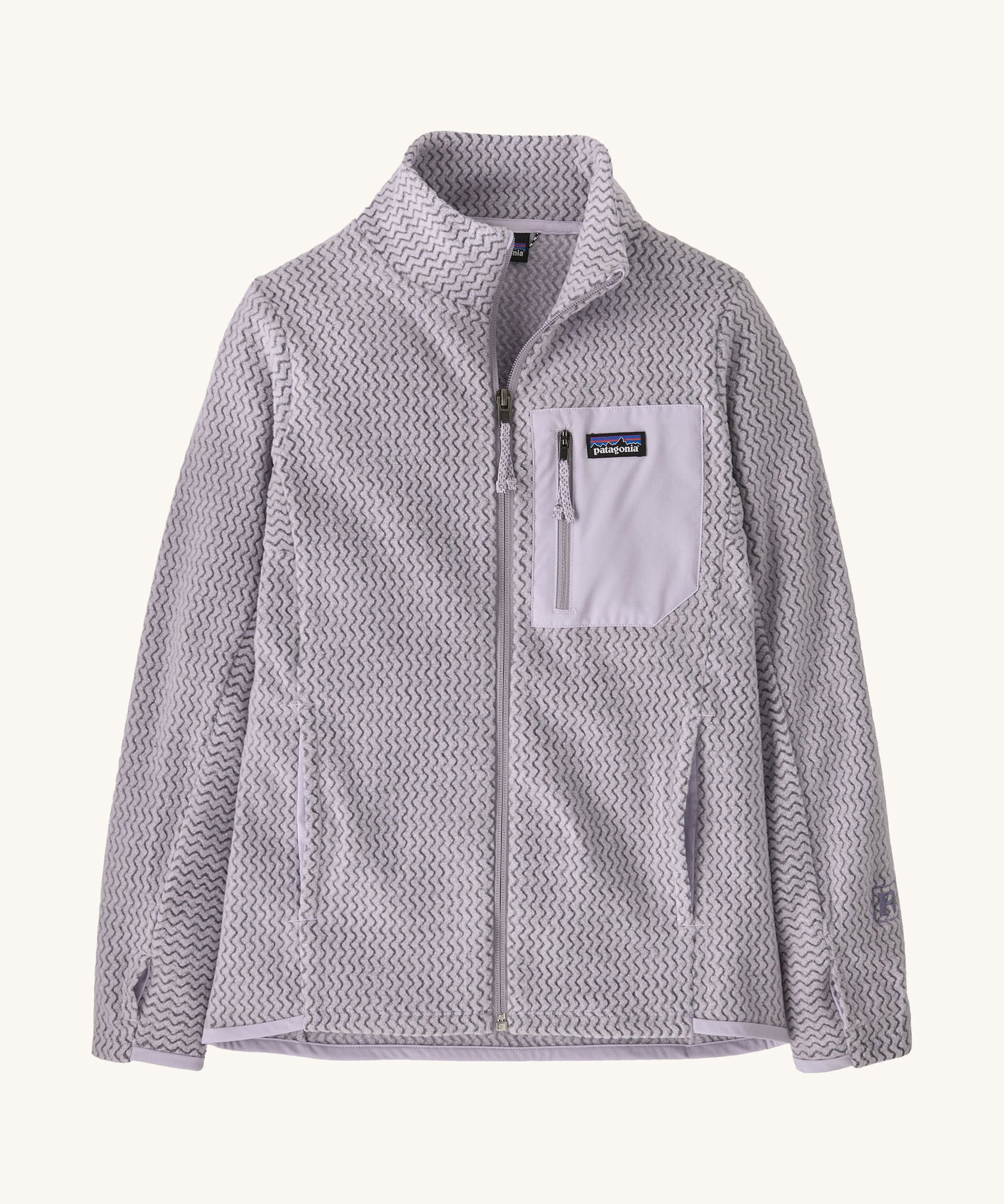 Patagonia air full zip jacket in a light purple colour on a cream background.