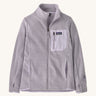 Patagonia air full zip jacket in a light purple colour on a cream background.