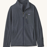 Patagonia air full zip jacket in dark blue colour. A kids technical style jacket with full zip detail, a chest pocket with the logo patch stitched on and 2 side pockets