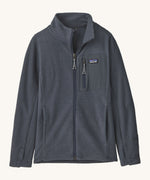 Patagonia air full zip jacket in dark blue colour. A kids technical style jacket with full zip detail, a chest pocket with the logo patch stitched on and 2 side pockets