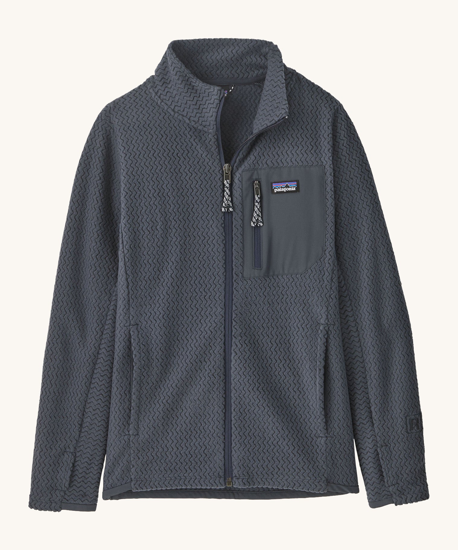 Patagonia air full zip jacket in dark blue colour. A kids technical style jacket with full zip detail, a chest pocket with the logo patch stitched on and 2 side pockets