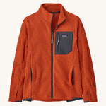 Patagonia air full zip jacket in a dark orange colour on a cream background.