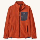 Patagonia air full zip jacket in a dark orange colour on a cream background.