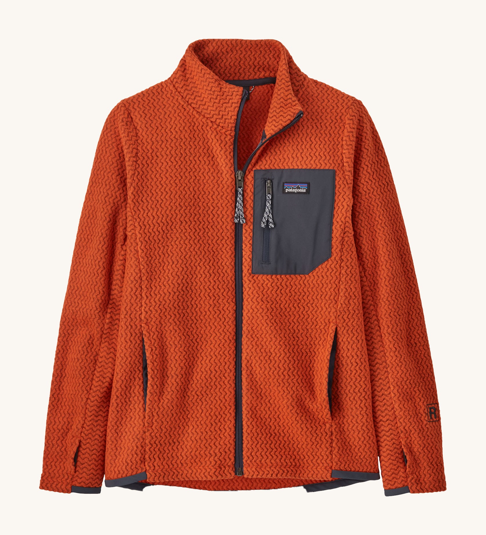 Patagonia air full zip jacket in a dark orange colour on a cream background.