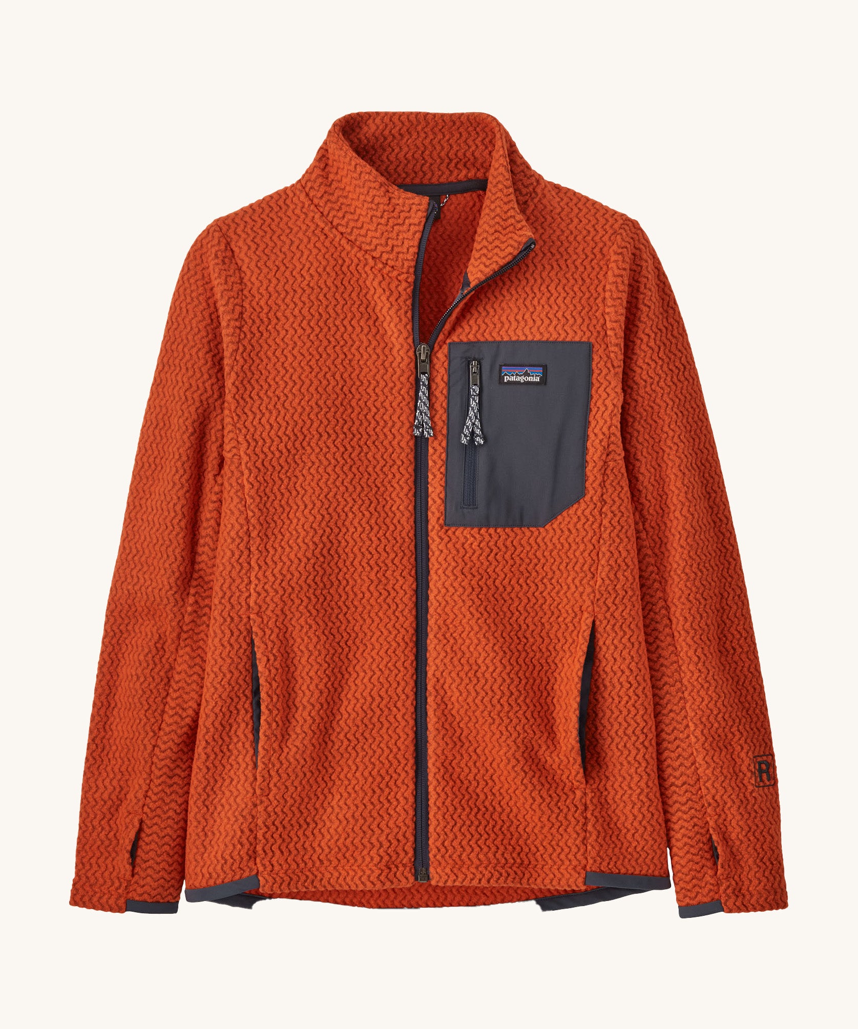 Patagonia air full zip jacket in a dark orange colour on a cream background.