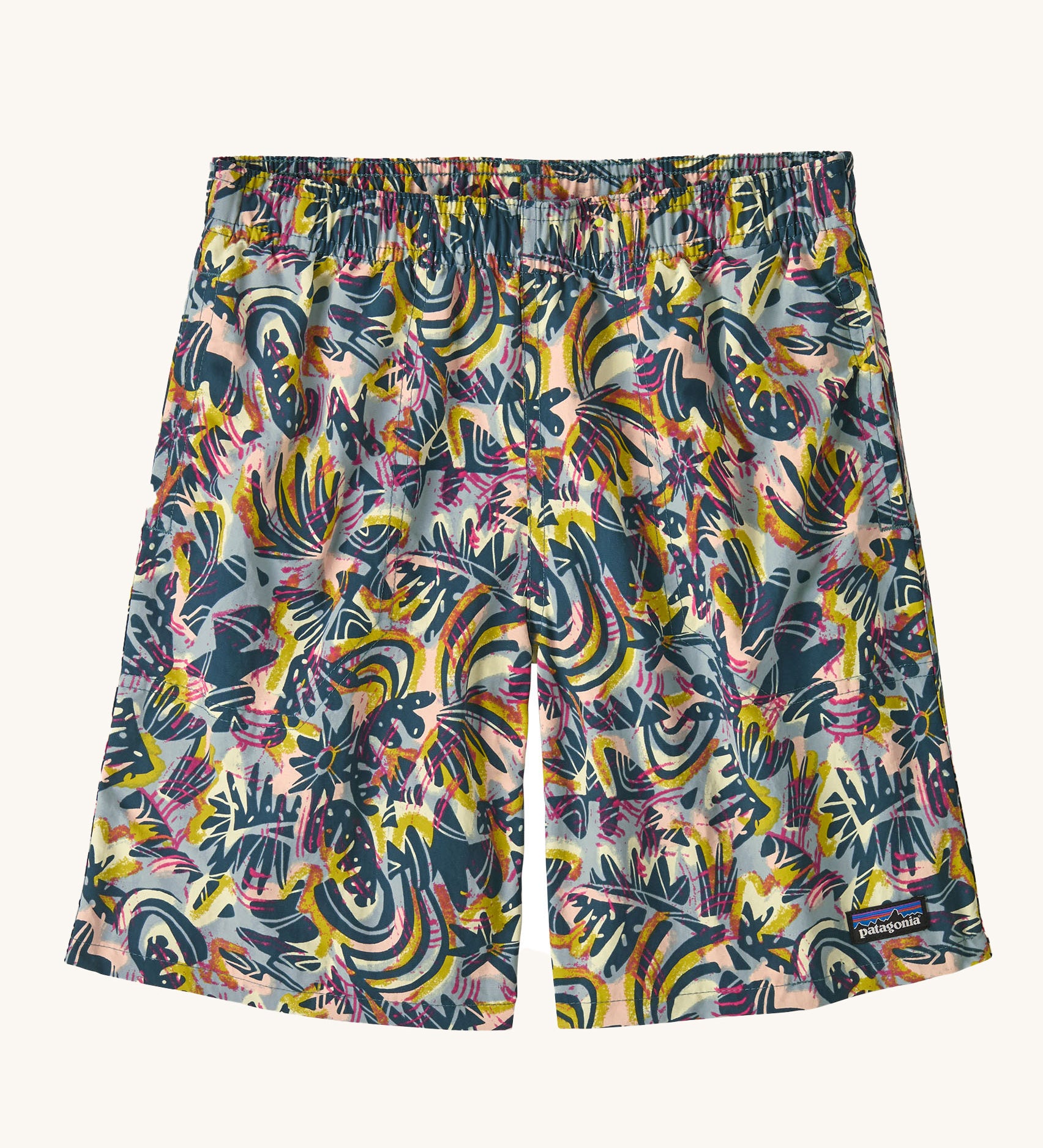 The Patagonia Kids Baggies Lined Shorts 7 Inch in the Wild Botanist / Tidal Teal design on a plain background. 