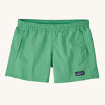 Patagonia Kids Quickdry 4" Unlined Baggies Shorts in an aloe green colour on a plain background. 
