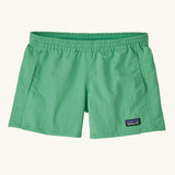 Patagonia Kids Quickdry 4" Unlined Baggies Shorts in an aloe green colour on a plain background. 