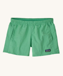 Patagonia Kids Quickdry 4" Unlined Baggies Shorts in an aloe green colour on a plain background. 