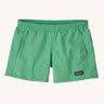 Patagonia Kids Quickdry 4" Unlined Baggies Shorts in an aloe green colour on a plain background. 