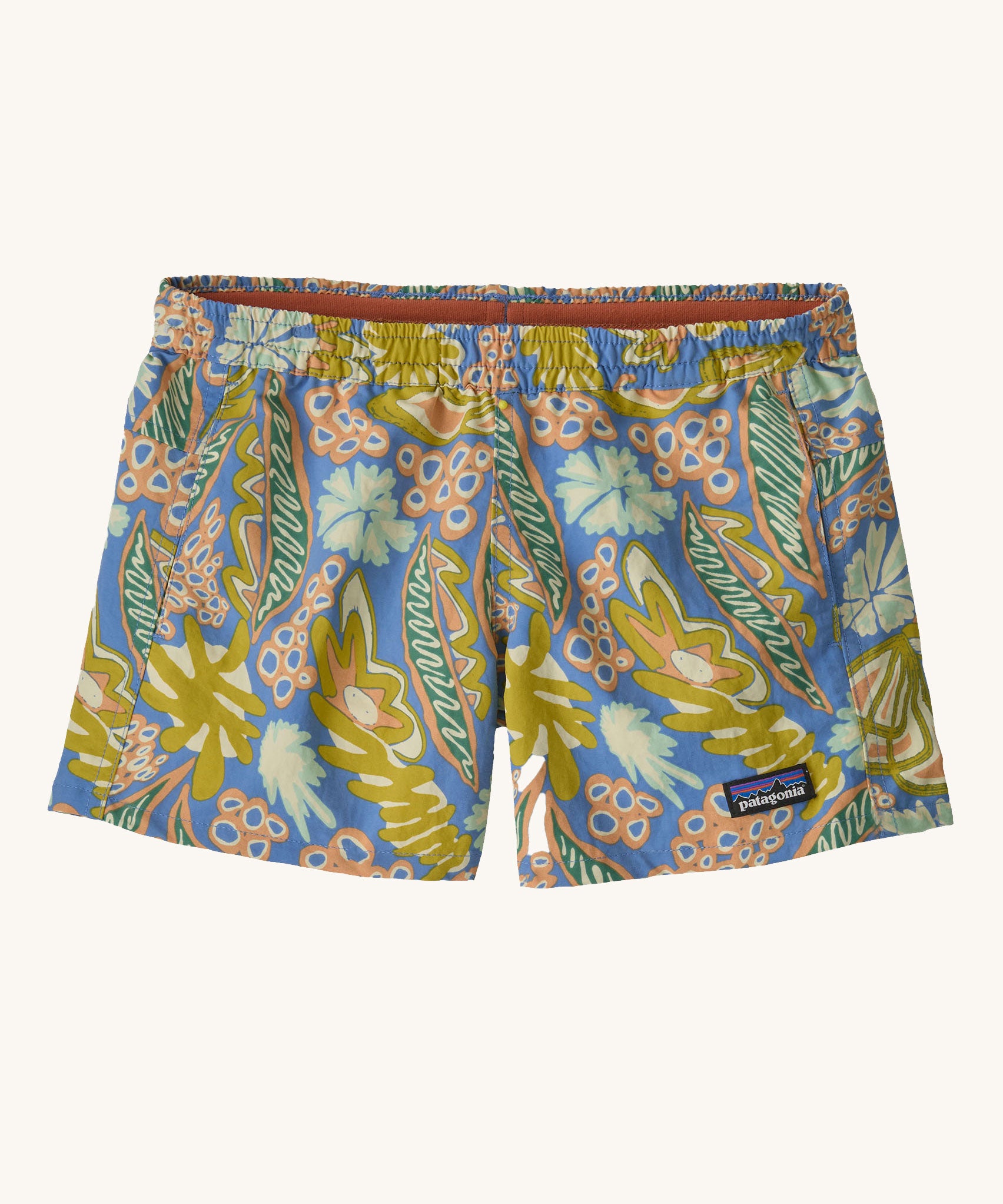 The Patagonia Kids Baggies Shorts with a Flourish / Abundant Blue design on a plain background.