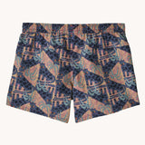 Back of the Patagonia kids baggies shorts with elasticated waist band in faded magenta with an all over retro jaggy style print.