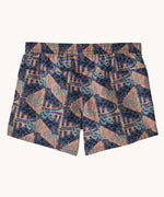 Back of the Patagonia kids baggies shorts with elasticated waist band in faded magenta with an all over retro jaggy style print.